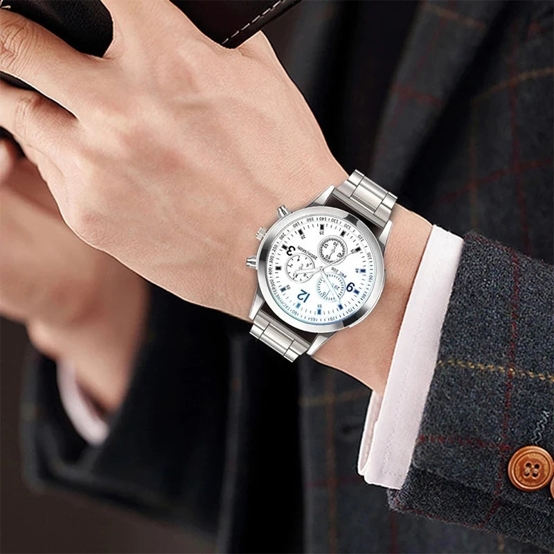 Men's Business Watch - Stainless Steel Band Quartz Wristwatch with Bracelet Set