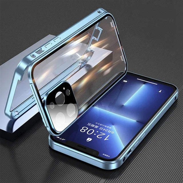 360° Metal Magnetic Glass Phone Case – Snap Lock Bumper for iPhone 16/15/14/13/12 Pro Max