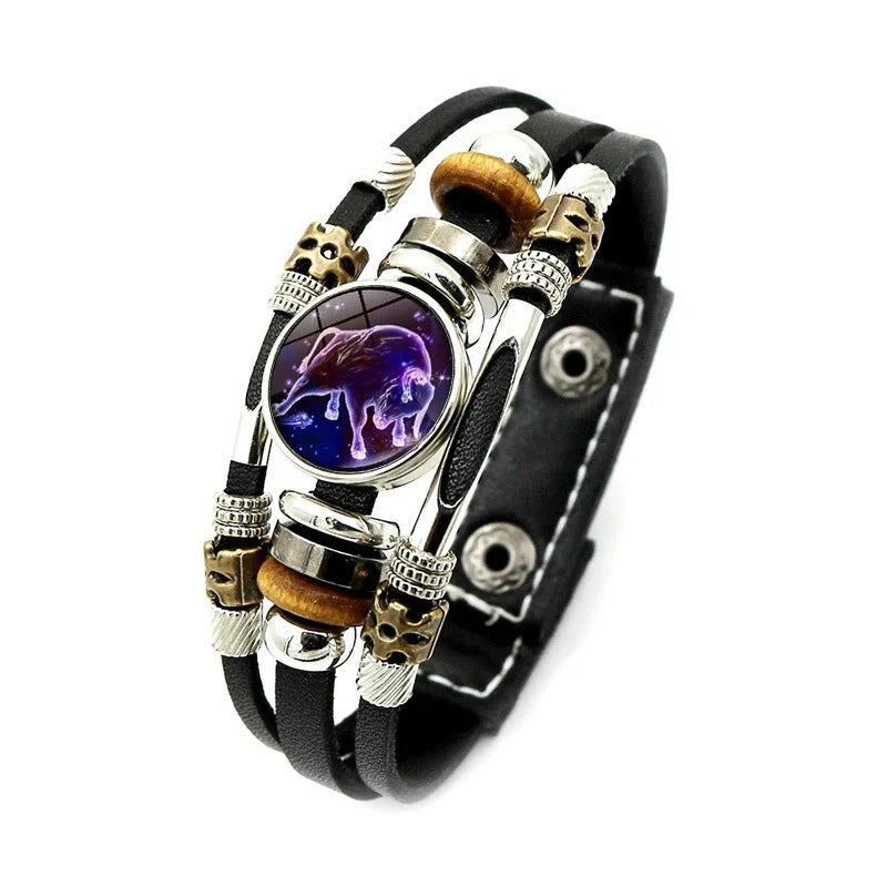 Zodiac Constellation Bracelet – 12 Signs Leather Snap Button Bracelet for Men & Women