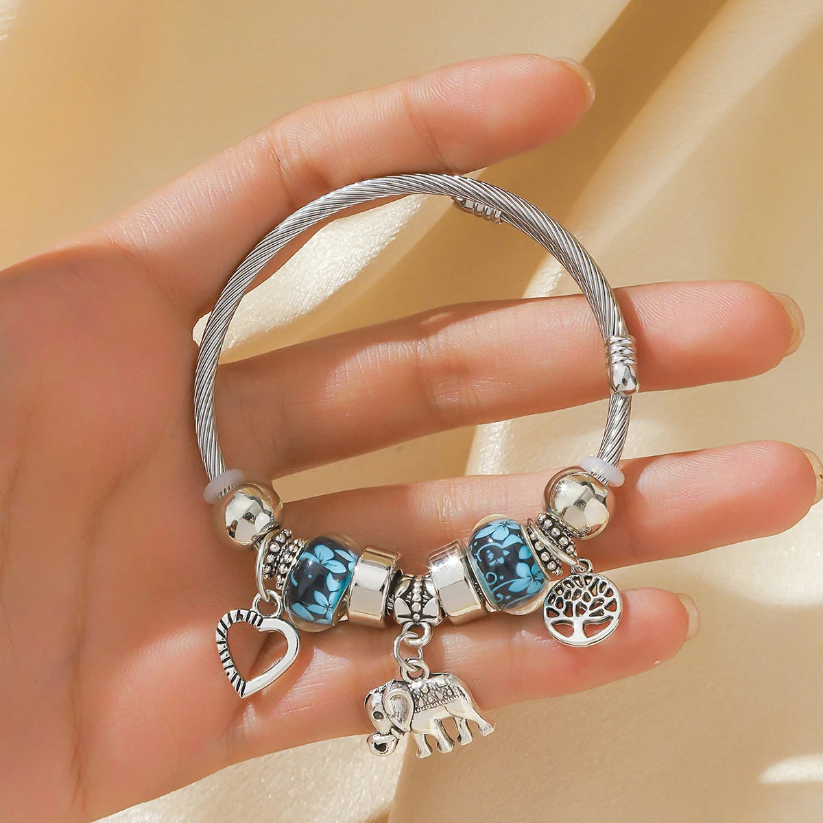 Elephant & Tree of Life Charm Bracelet - Multi-Charm Cuff Bracelet