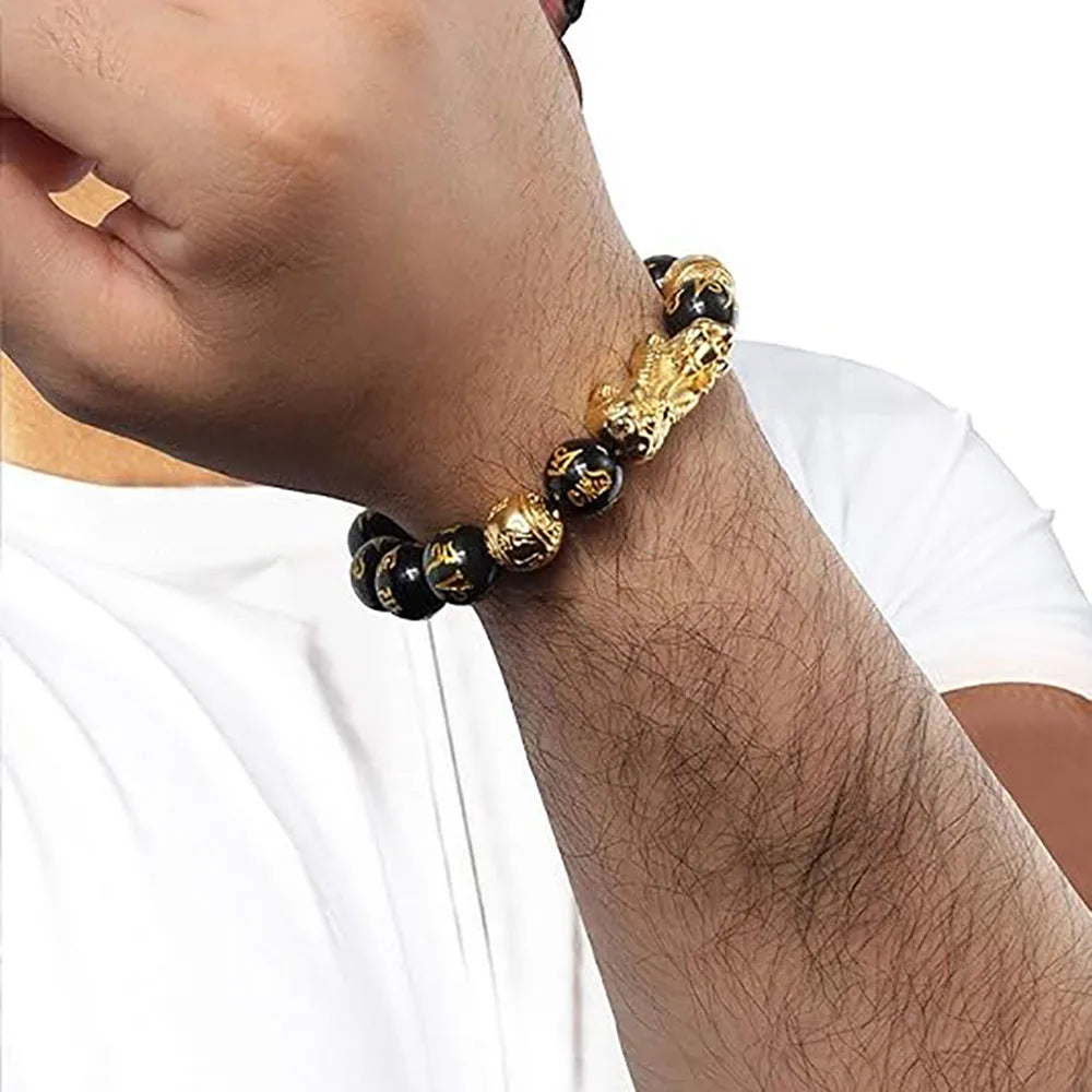 Feng Shui Black Obsidian Pixiu Wealth Bracelet - Prosperity Buddha Beads Elastic Bracelet
