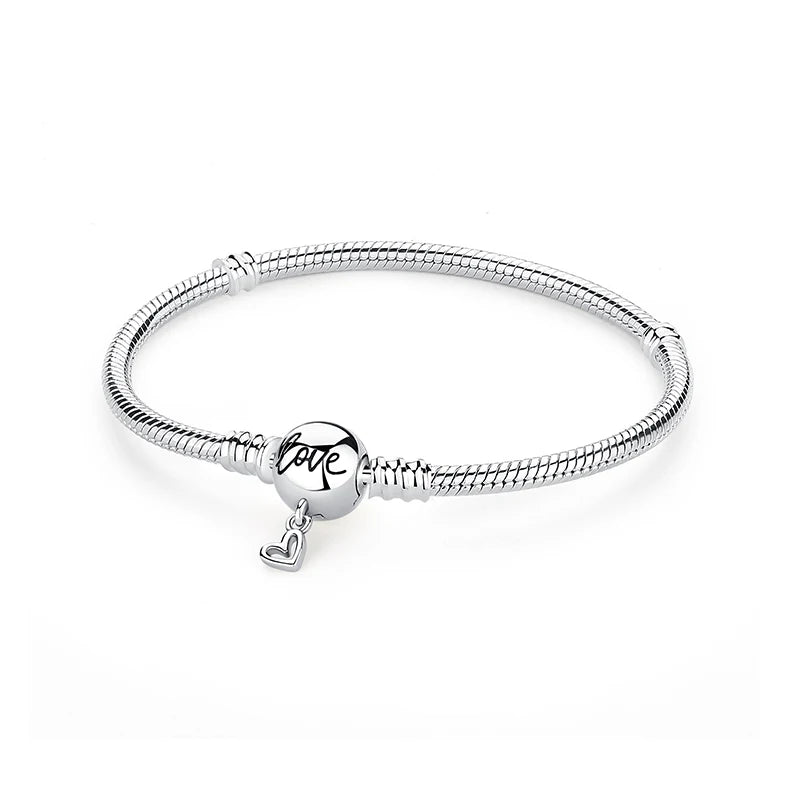 925 Sterling Silver Snake Chain Bracelet with Heart Charm Beads