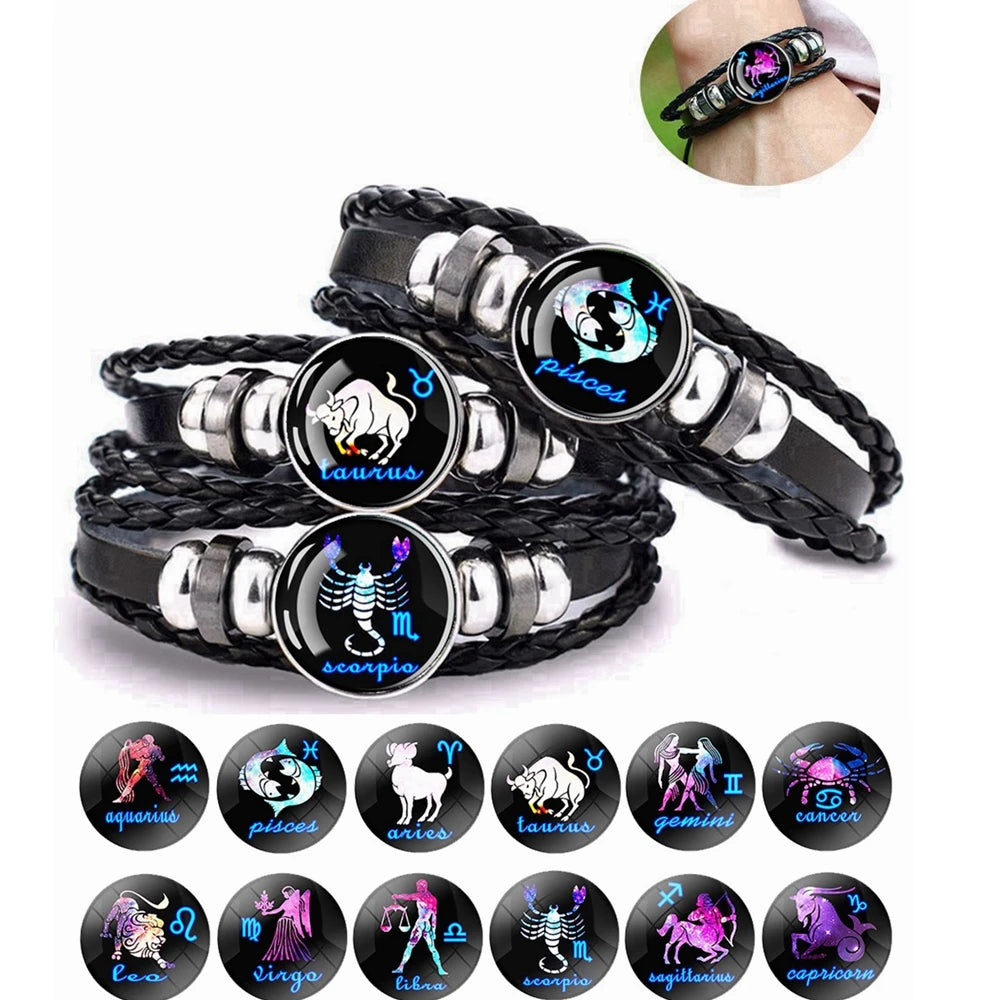 Black Braided Zodiac Bracelet for Men - 12 Constellation Leather Birthday Gift
