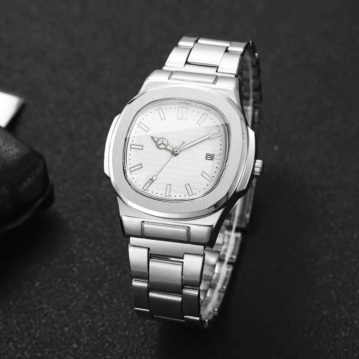Luxury Men's Square Dial Quartz Watch – Stainless Steel Business Watch with Calendar