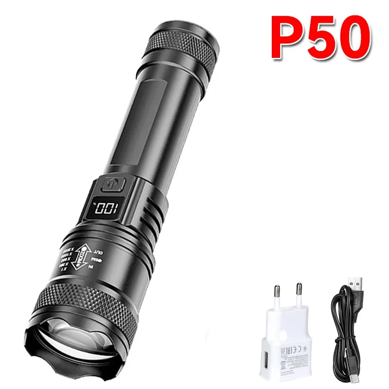 P50 Ultra Bright LED Flashlight - 2000 Lumens Tactical Rechargeable Torch with Zoom