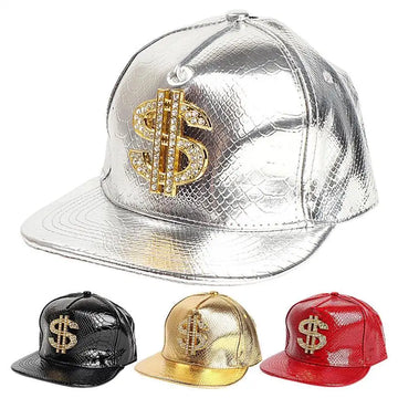 Gold Dollar Sign Hip-Hop Cap - Crocodile Texture Flat Brim Hat for Break Dance & Street Style