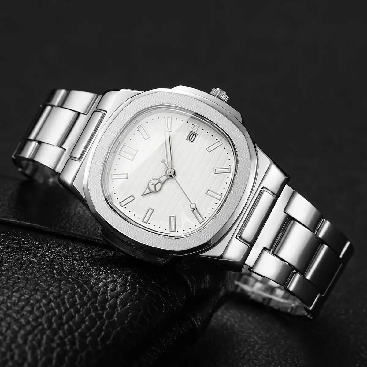 Luxury Men's Square Dial Quartz Watch – Stainless Steel Business Watch with Calendar