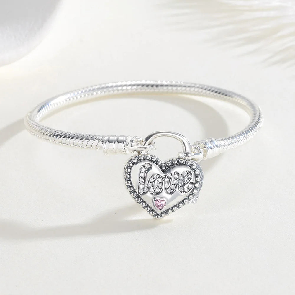 925 Sterling Silver Pink Zircon Padlock Charm Bracelet