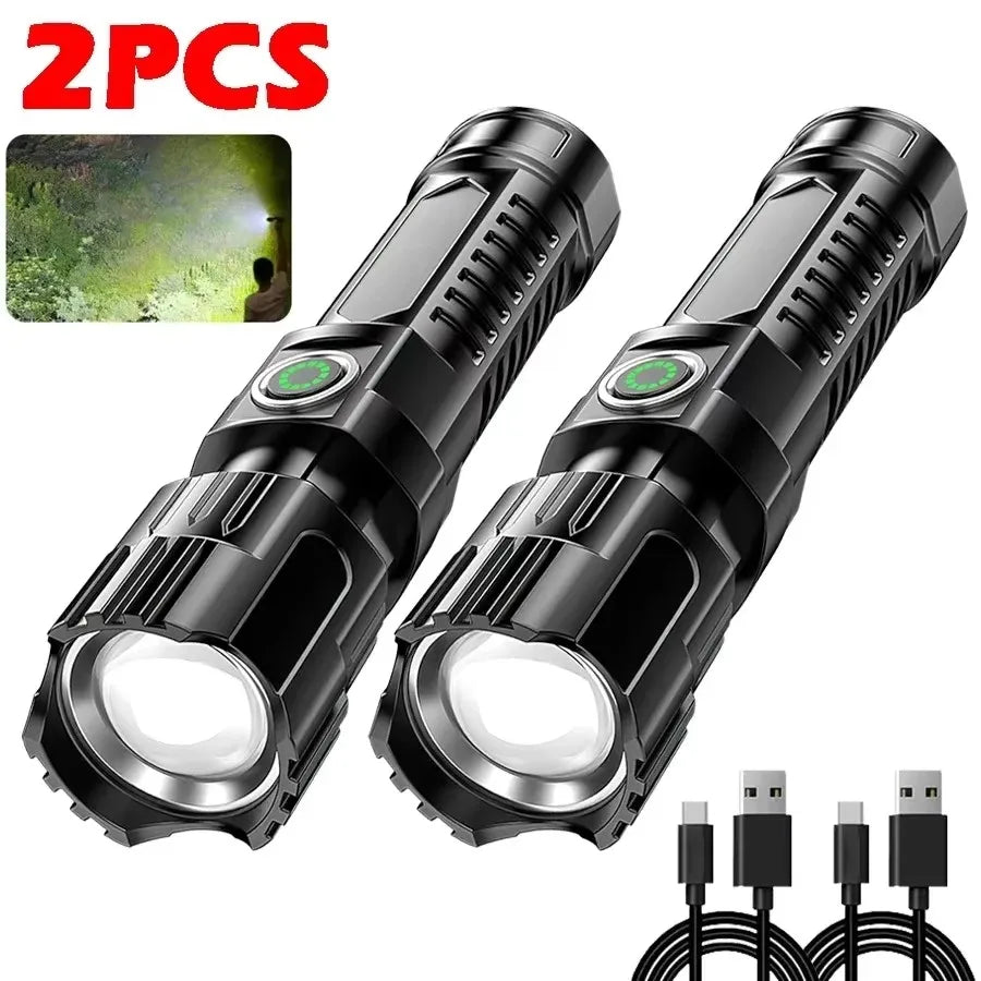 2000 Lumen LED Flashlight with Power Display - USB Rechargeable Tactical Torch with Zoom