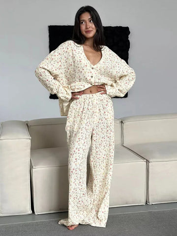 Muzuleva Cotton Cardigan Pajama Set – Women’s Autumn Wear