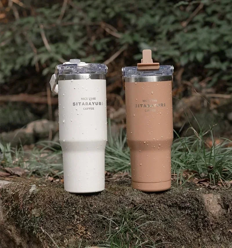 30oz Insulated Stainless Steel Tumbler with Straw & Handle | Travel Coffee Cup