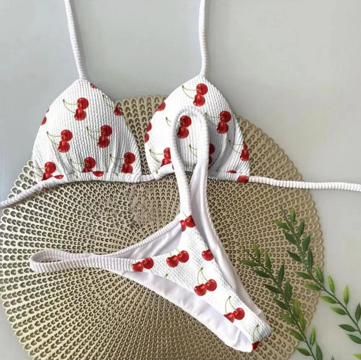 2024 brazilian bikini women suit, beach fashion, sexy thong swimsuit, cute cherry print