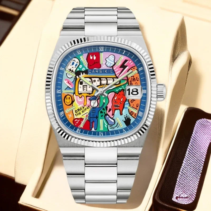 Cartoon Oil Painting Quartz Men's Watch – Casual Steel Strap Personalized Business Timepiece