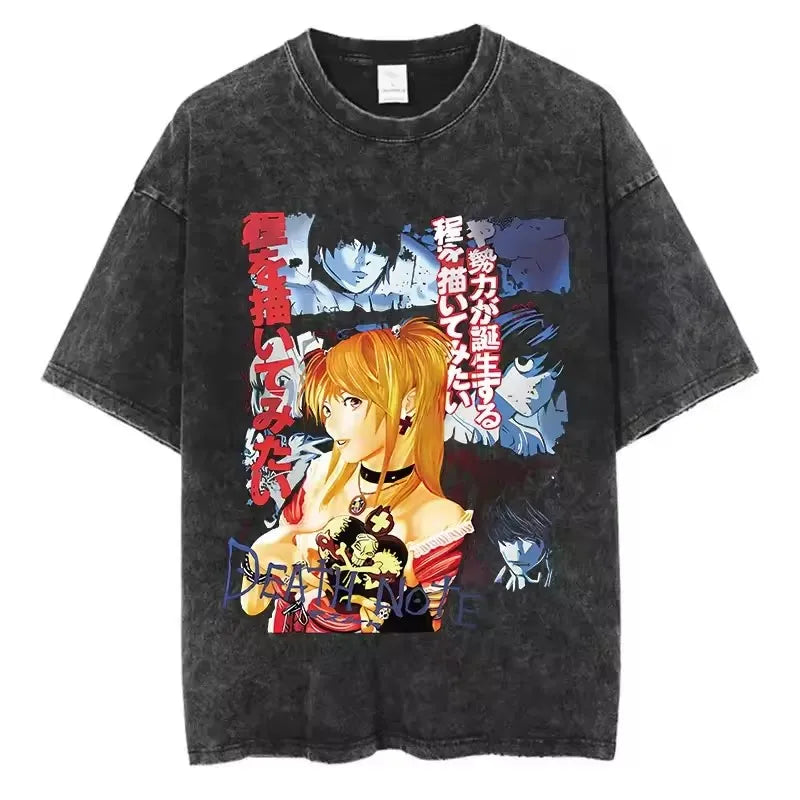 Death Note Anime Washed Y2K T-Shirt – Short Sleeve Round Neck Mens Tee