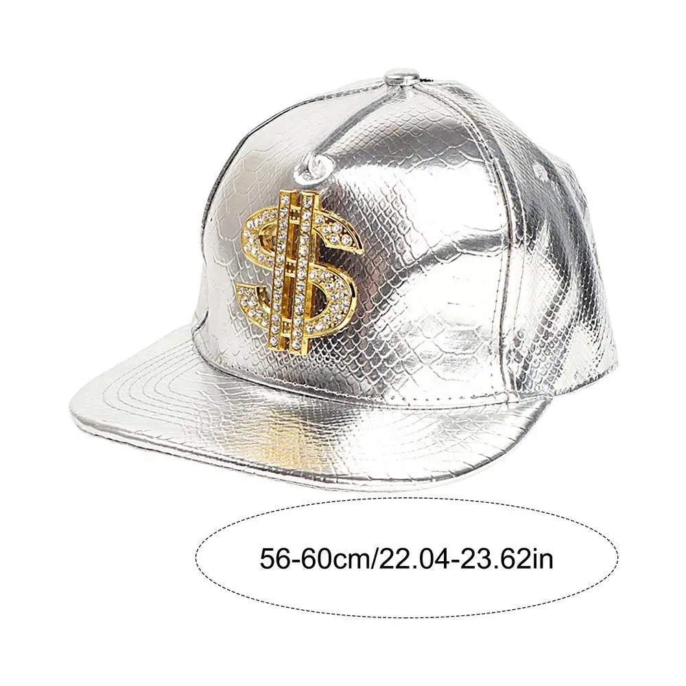 Gold Dollar Sign Hip-Hop Cap - Crocodile Texture Flat Brim Hat for Break Dance & Street Style