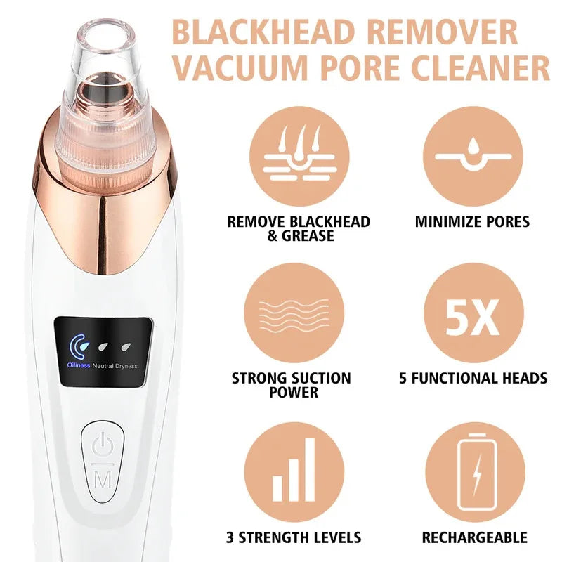 Electric Blackhead Remover Vacuum with 3 Suction Levels & 5 Heads