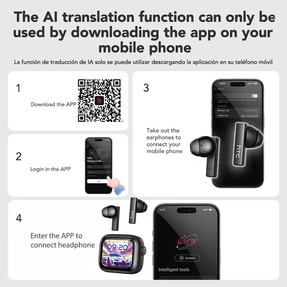 HTC Bluetooth Earphones with AI Translator & HD Subtitles - TWS Sports Wireless