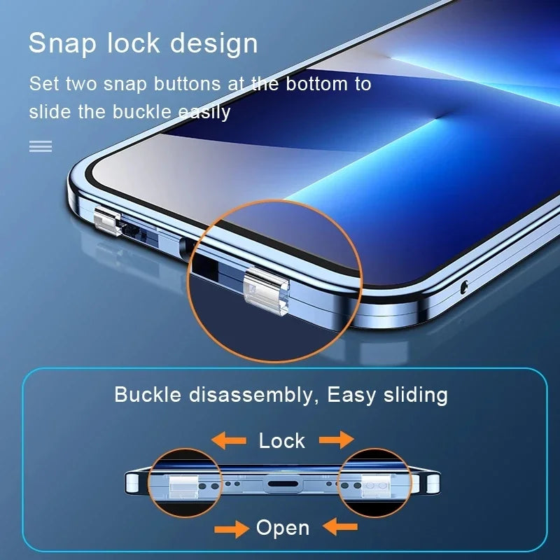 360° Metal Magnetic Glass Phone Case – Snap Lock Bumper for iPhone 16/15/14/13/12 Pro Max