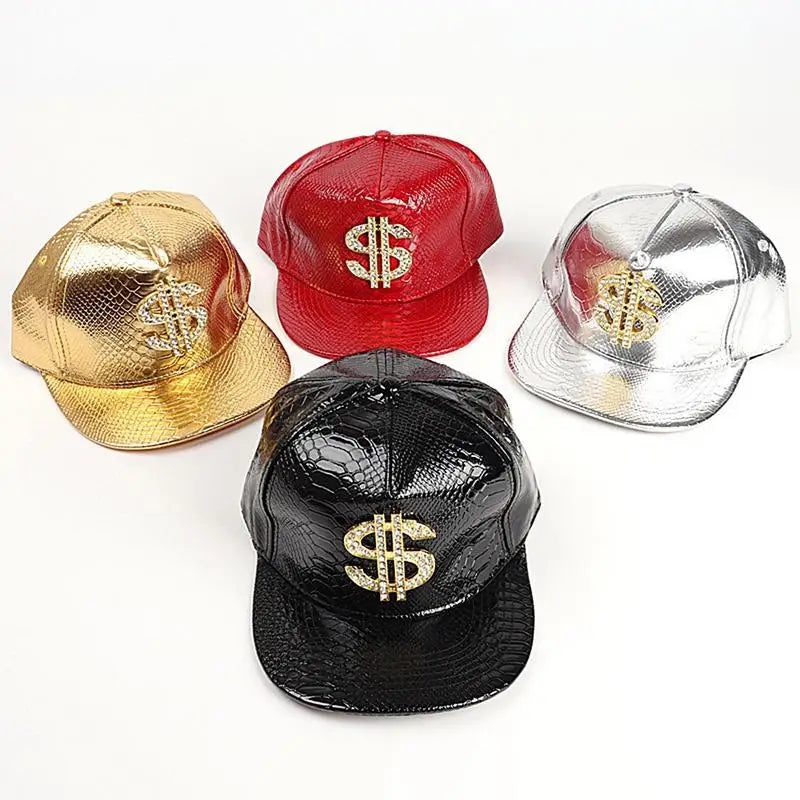 Gold Dollar Sign Hip-Hop Cap - Crocodile Texture Flat Brim Hat for Break Dance & Street Style