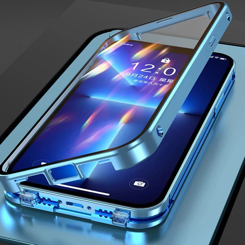 360° Metal Magnetic Glass Phone Case – Snap Lock Bumper for iPhone 16/15/14/13/12 Pro Max