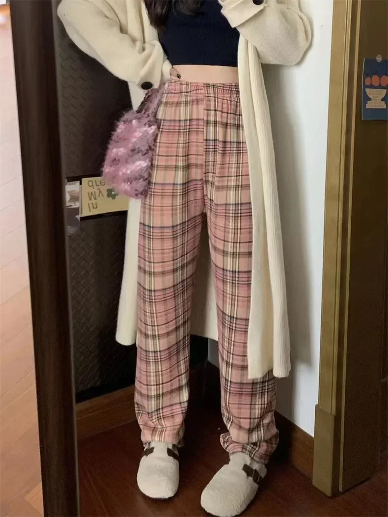 Warm Plush Plaid Pants – Women Winter Wide-Leg Casual