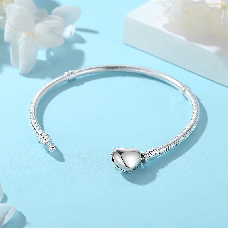 925 Sterling Silver Snake Chain Bracelet with Heart Charm Beads