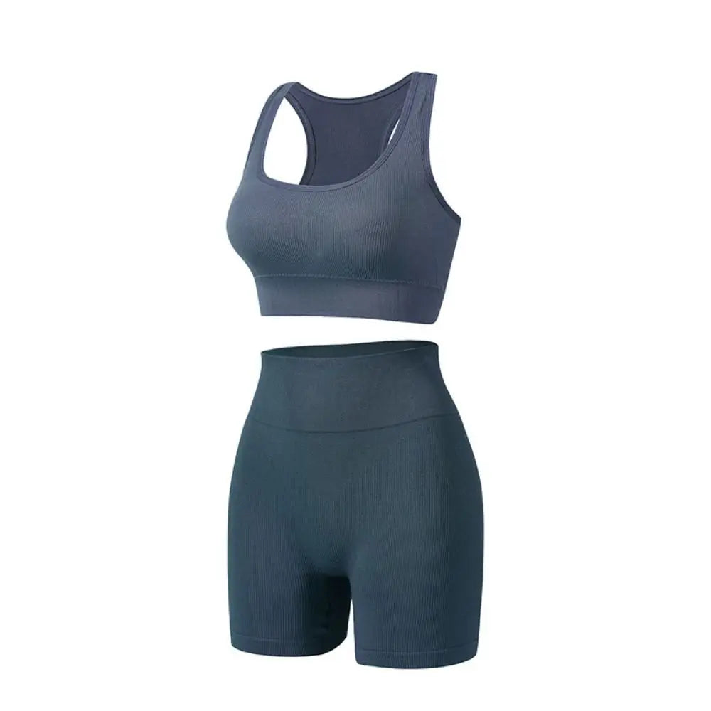 Women's 2-Piece Breathable Ribbed Workout Set - Sports Bra & High Waist Shorts (Summer Active Set)