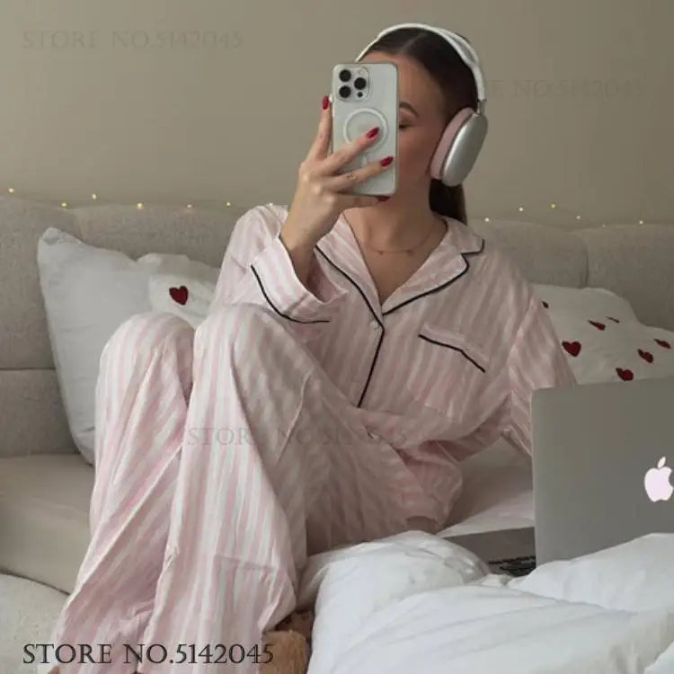 Pink Stripe Long Sleeve Pajama Set – Women’s Lounge Wear