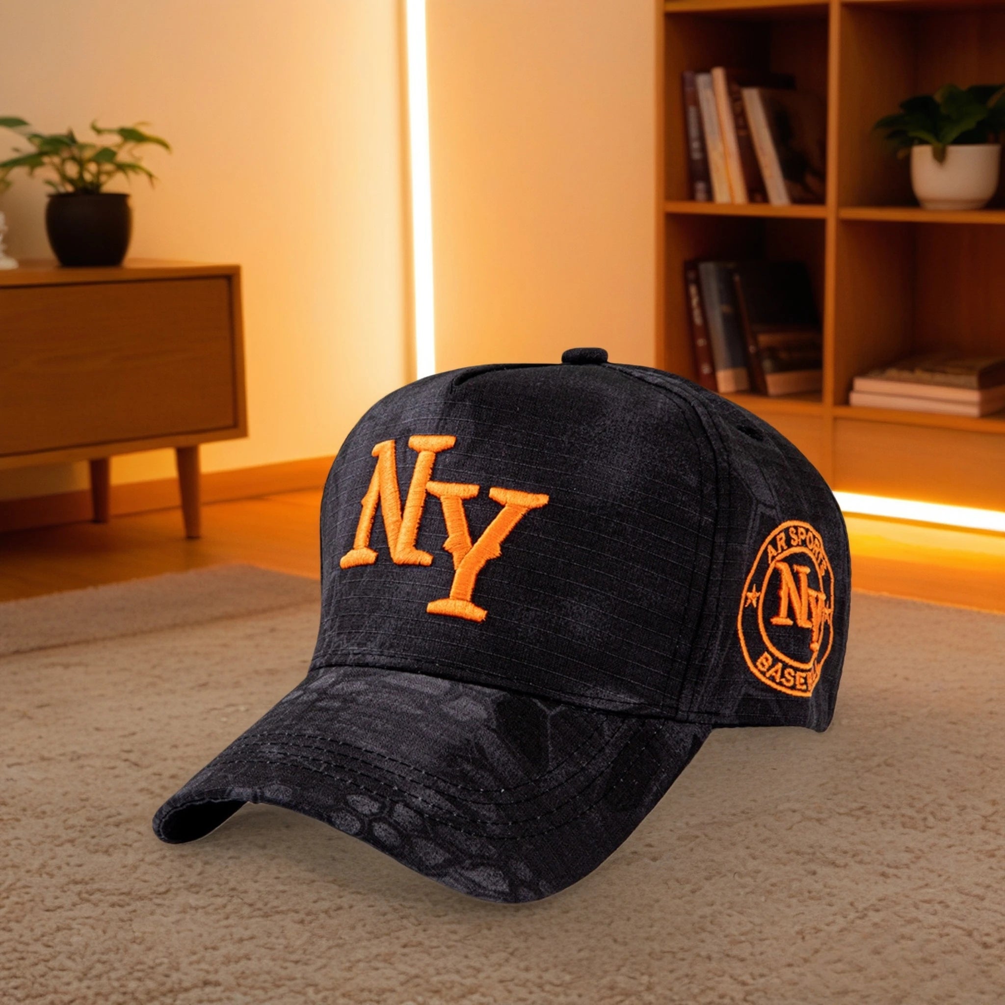Orange Camo NY Baseball Cap - Leaf Pattern Embroidered Snapback Hat for Street Style