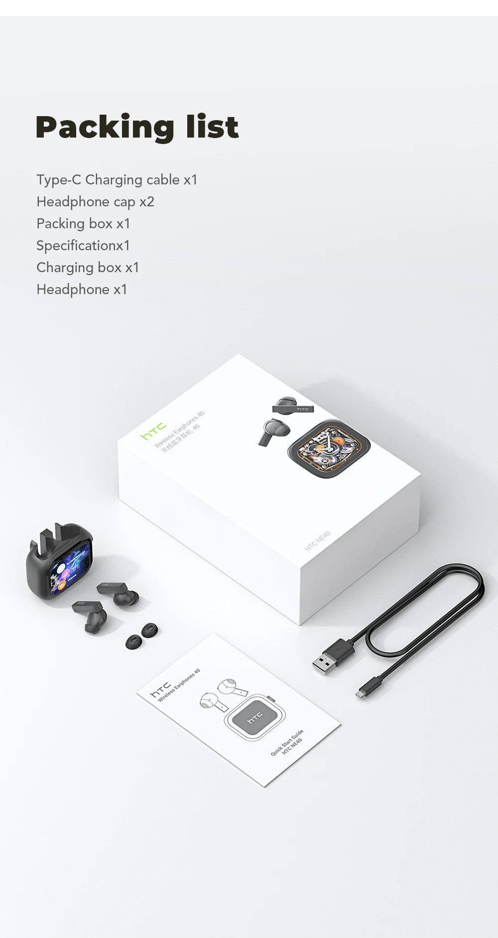 HTC Bluetooth Earphones with AI Translator & HD Subtitles - TWS Sports Wireless