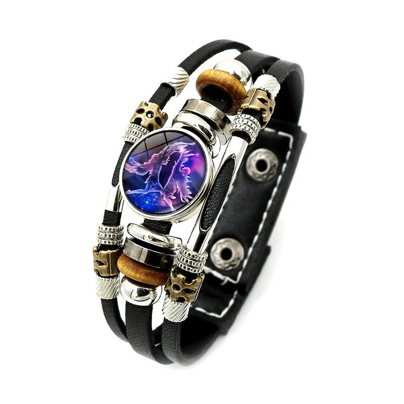 Zodiac Constellation Bracelet – 12 Signs Leather Snap Button Bracelet for Men & Women