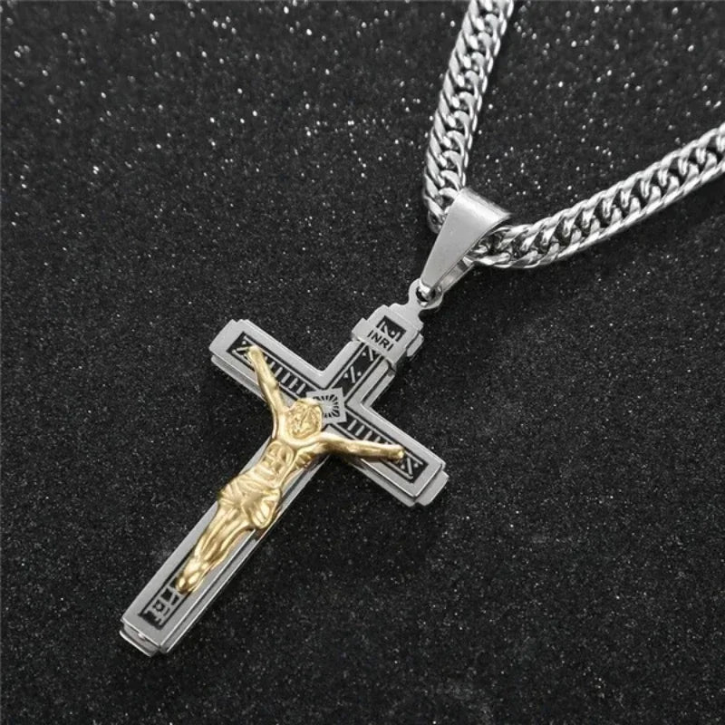 Hip Hop Cross Necklace for Men - Gold & Silver Religious Jesus Pendant Jewelry Gift