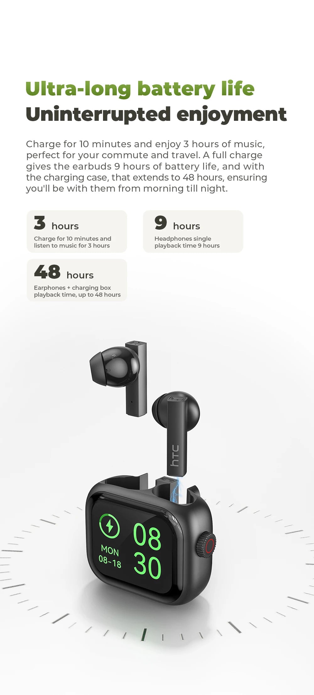 HTC Bluetooth Earphones with AI Translator & HD Subtitles - TWS Sports Wireless