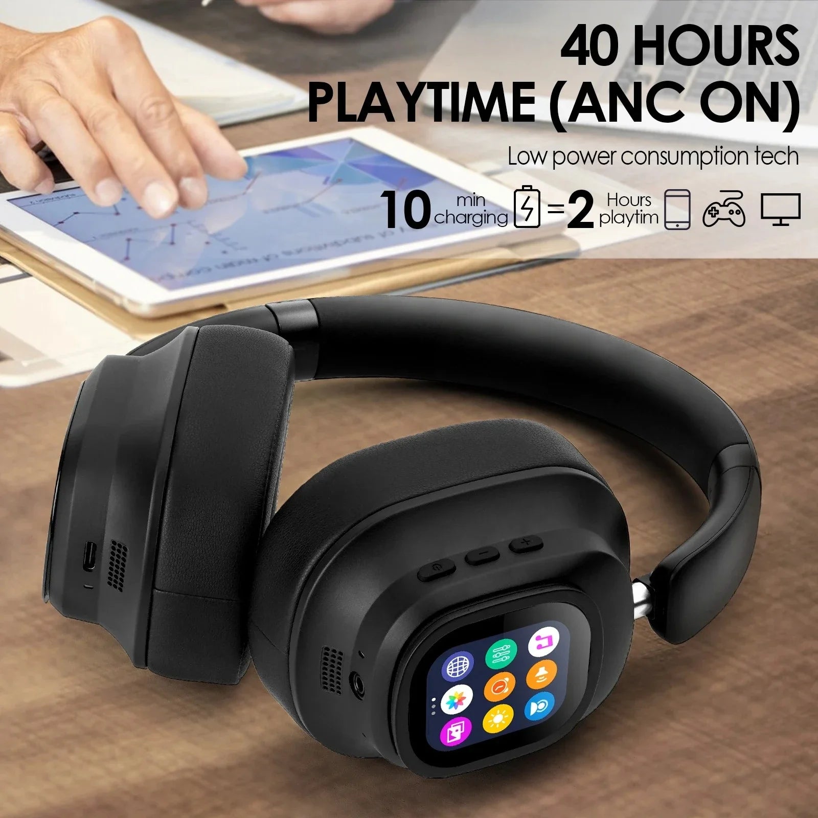 Hybrid ANC Headphones with AI Translator & LED Touch Screen - Wireless Premium Audio