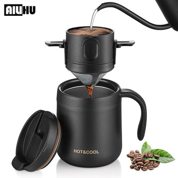 Portable Stainless Steel Coffee Dripper Set - Reusable Pour Over Filter with Mug for Travel & Camping