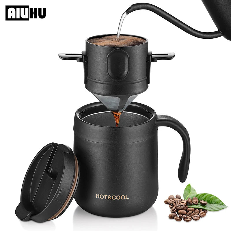 Portable Stainless Steel Coffee Dripper Set - Reusable Pour Over Filter with Mug for Travel & Camping