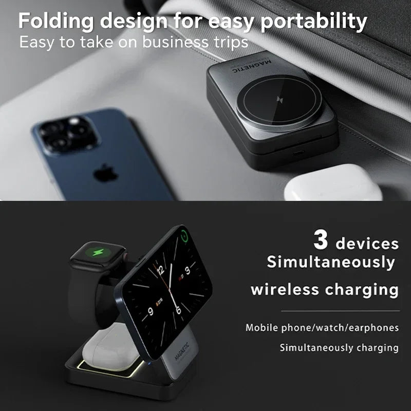 Foldable 3-in-1 Magnetic Wireless Charger Stand for iPhone & Apple Devices
