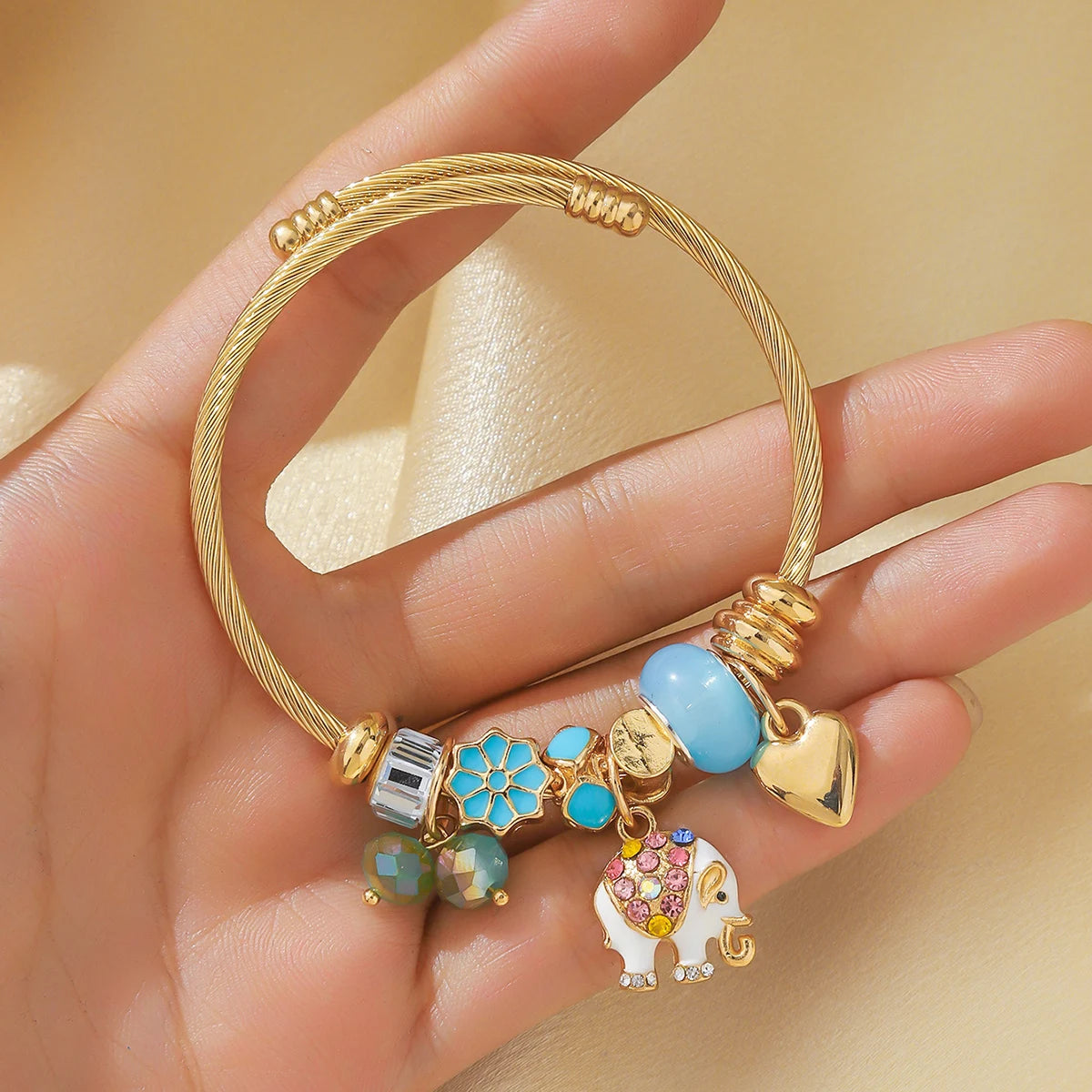 Elephant & Tree of Life Charm Bracelet - Multi-Charm Cuff Bracelet