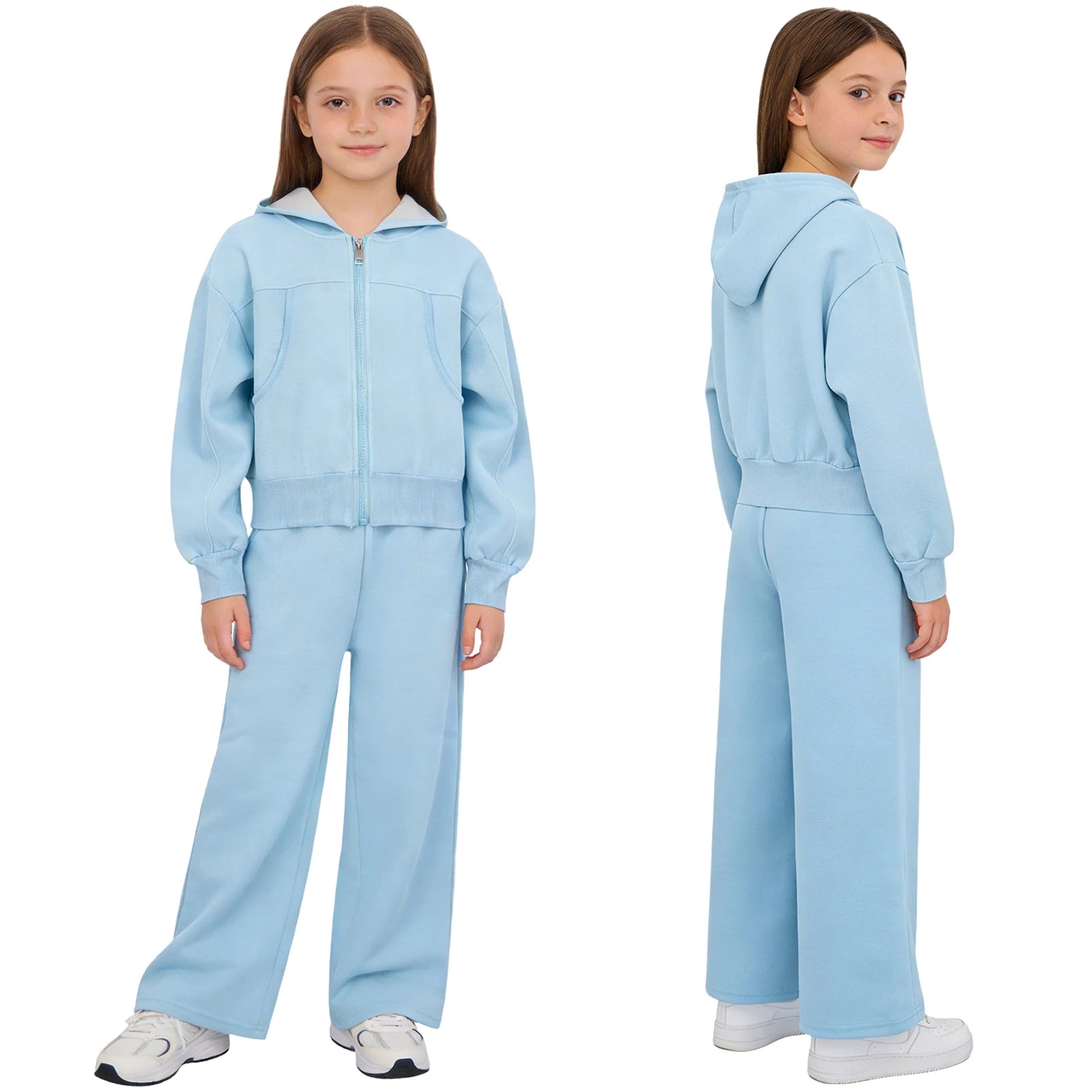 Girls Athletic Tracksuit Set - Hooded Jacket & Wide-Leg Pants for Sports & Active Wear (Ages 5-13)