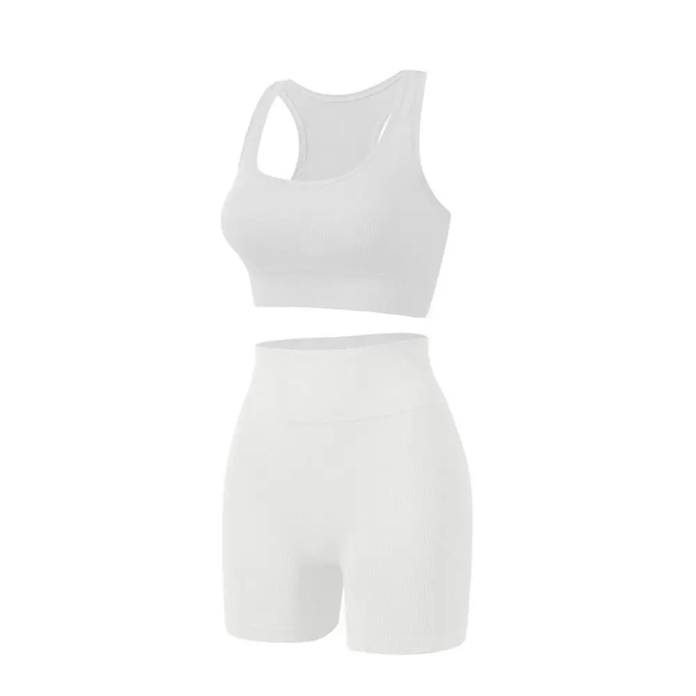 2 Pieces Seamless Workout Outfits High Waist Short Sport Bra Crop Matching Active Set Sleeveless Round Neck Tracksuit Exercise