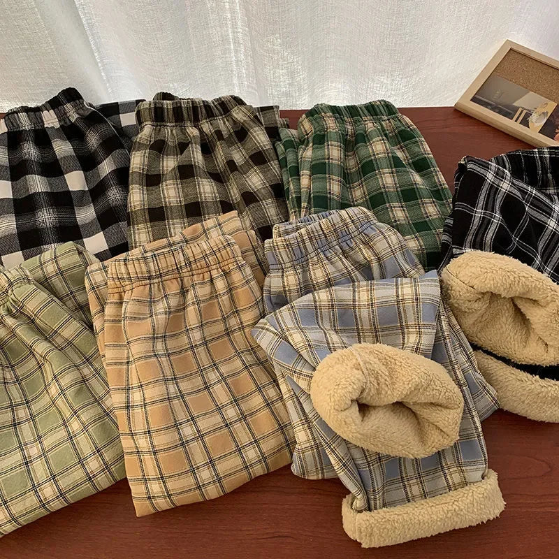 Warm Plush Plaid Pants – Women Winter Wide-Leg Casual