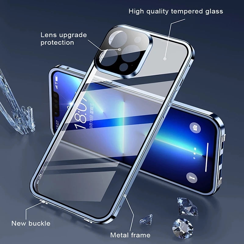 360° Metal Magnetic Glass Phone Case – Snap Lock Bumper for iPhone 16/15/14/13/12 Pro Max
