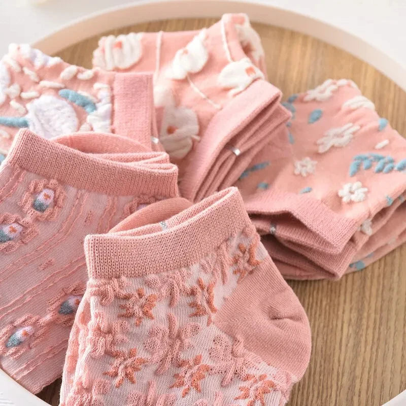 Kawaii Flower 3D Textured Ankle Socks – Vintage Low Cut