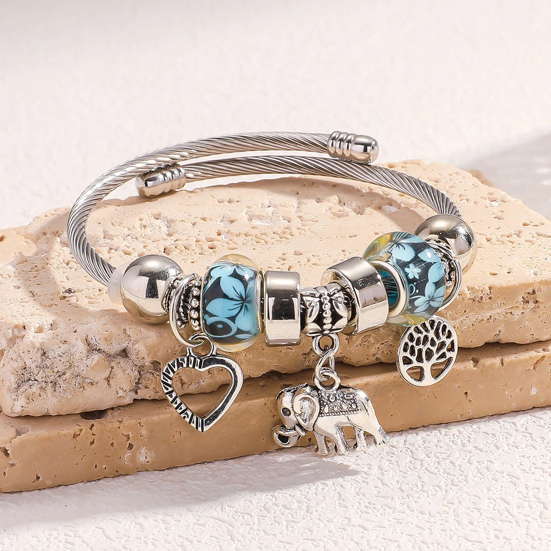 Elephant & Tree of Life Charm Bracelet - Multi-Charm Cuff Bracelet