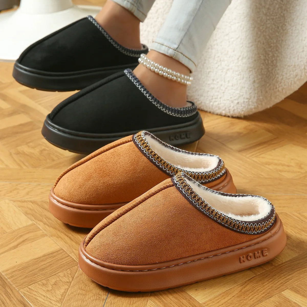 Women's Winter Slippers - Embroidered Plush Anti-Slip Indoor House Shoes with Thick Sole