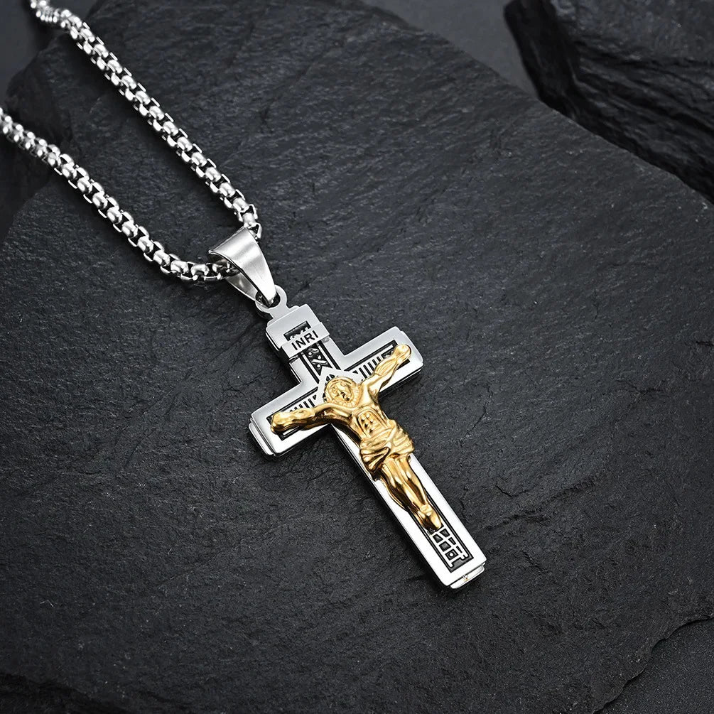 Hip Hop Cross Necklace for Men - Gold & Silver Religious Jesus Pendant Jewelry Gift