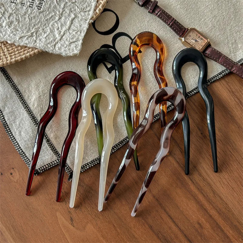 U-Shaped Hair Fork – Tortoiseshell Acrylic Hairpin for Women | All Seasons