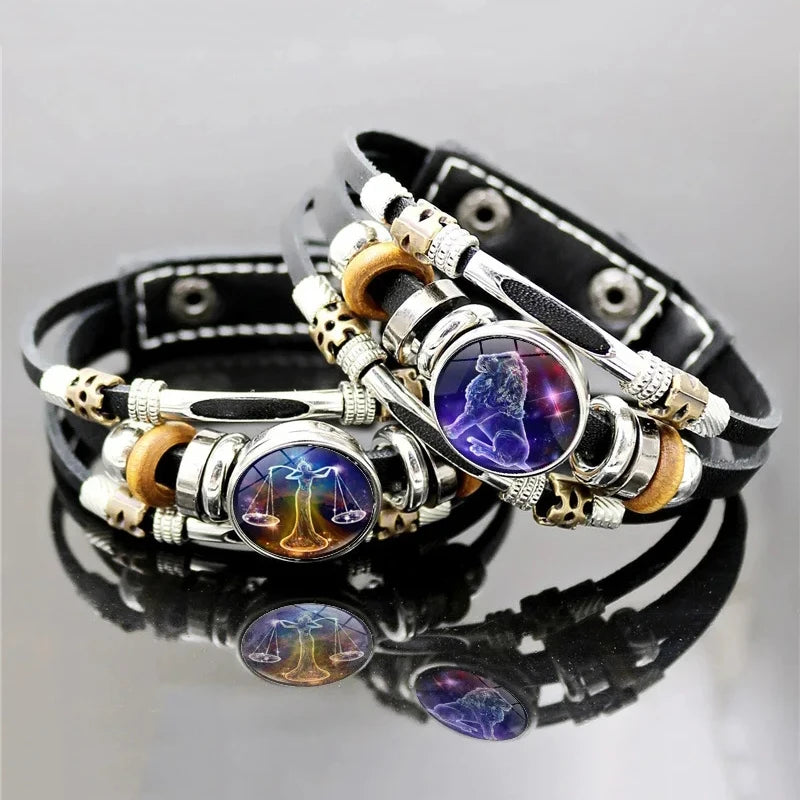 Zodiac Constellation Bracelet – 12 Signs Leather Snap Button Bracelet for Men & Women