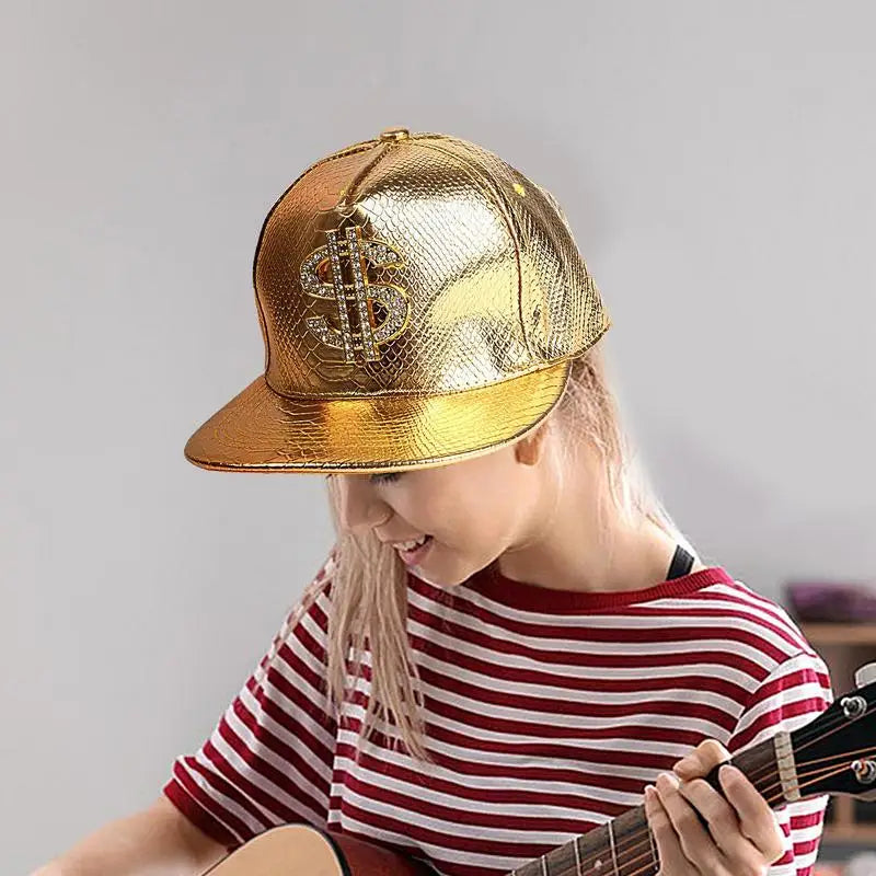 Gold Dollar Sign Hip-Hop Cap - Crocodile Texture Flat Brim Hat for Break Dance & Street Style