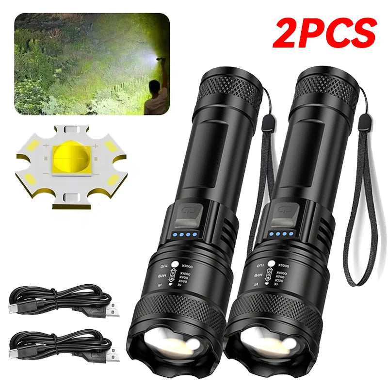 2000 Lumen LED Flashlight with Power Display - USB Rechargeable Tactical Torch with Zoom